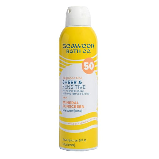 Seaweed Bath Co. Sheer Mineral Sensitive SPF 50 Broad Spectrum Sunscreen Spray - Fragrance Free, Non-Nano, Skin-Friendly Formula - 6 oz