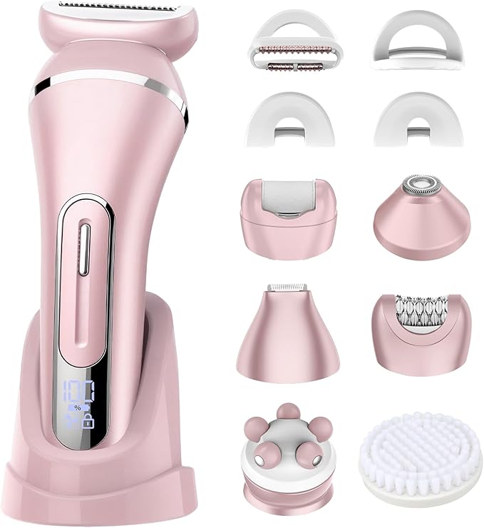 Electric Shavers for Women, 7 in 1 Hair Removal Kit with Epilator Bikini Trimmer Face Razor Body Brush Face Massager Foot Callus Remover, IPX7 Waterproof Lady Razors Set for Legs Armpit Bikini Pubic