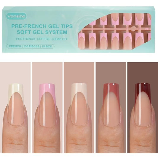 150Pcs French Gel Nail Tips, Vansiho Long Square Nail Tips, Pre-French Tips Press on Nails, Fake Nails for Nail Art DIY 15 Sizes