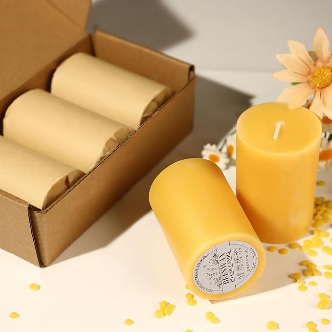 Natural Beeswax Pillar Candles,100% Pure Beeswax Candles-96 Hours Long Burning,Unscented Bees Wax Candles for Home,Prayer,Emergency,Dripless Smokeless Organic Pillar Candles Bluk-2x3in-3pack