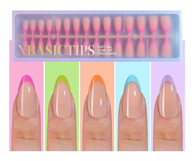 Misssix XBASICTIPS French Tip Press On Nails, 150Pcs French Gel Nail Tips Medium Almond, Soft Gel Pre-shaped No Need to File 3 in 1 Fake Nails for Nail Art DIY Extension Designs 15 Sizes