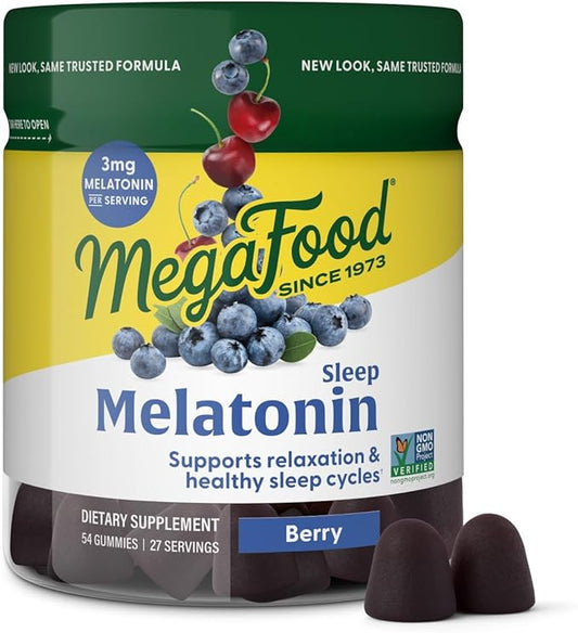 MegaFood Melatonin Gummies - Melatonin 3mg per Serving to Help Relax & Fall Asleep – Sleep Gummies for Adults - Berry Flavor, Non-GMO, Certified Vegan - 54 Count (27 Servings)