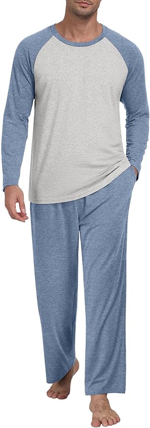 Men's Pajamas Set Sleepwear Pjs Lightweight Long Sleeve Pjs Soft Comfy Sleep Sets with Pockets