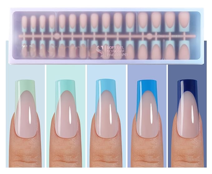 Misssix XBASICTIPS Blue French Tip Press On Nails, 150Pcs French Gel Nail Tips Long Square, Soft Gel Pre-shaped No Need to File 3 in 1 Tips, Fake Nails for Nail Art DIY Extension Designs 15 Sizes