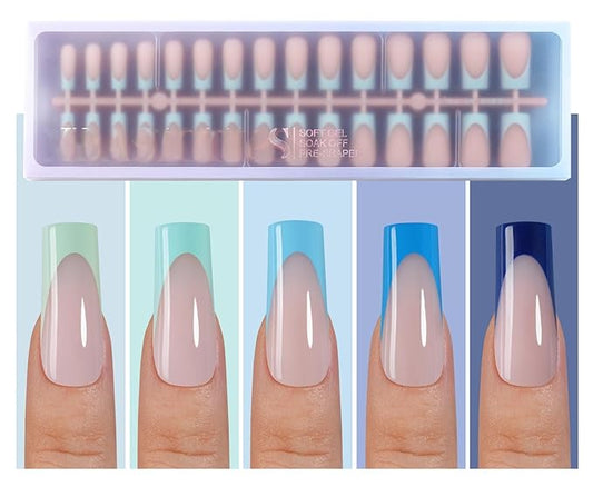 Misssix XBASICTIPS Blue French Tip Press On Nails, 150Pcs French Gel Nail Tips Long Square, Soft Gel Pre-shaped No Need to File 3 in 1 Tips, Fake Nails for Nail Art DIY Extension Designs 15 Sizes