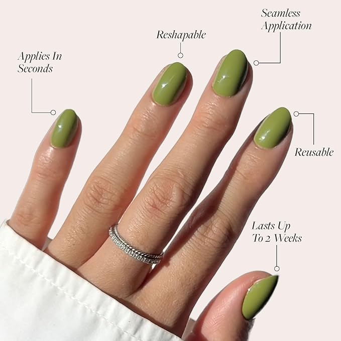 Glamnetic Press On Nails - Moss Green | Opaque Earthy Green Short Oval Fake Nails, Salon Quality | 15 Sizes - 30 Nail Kit