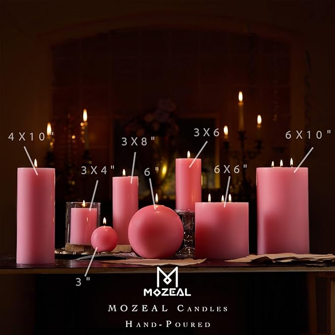MOZEAL 4" x 10" Extra-Large Pink Pillar Candles (Set of 2), Unscented,Dripless, Smokeless,Long Clean-Burning,These Tall 10 inch Large Pink Pillar Candles Perfect for Weddings and Spring Decor