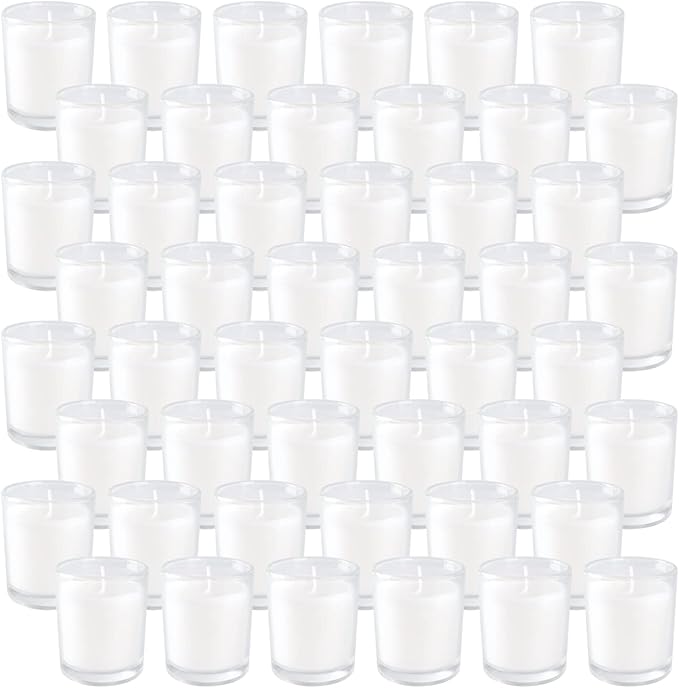 Set of 48 White Votive Candles,Unscented Candles Filled in Clear Glass,Ideal Gift for Weddings,Emergency Lighting,Aromatherapy,Holidays,Meditation,Parties