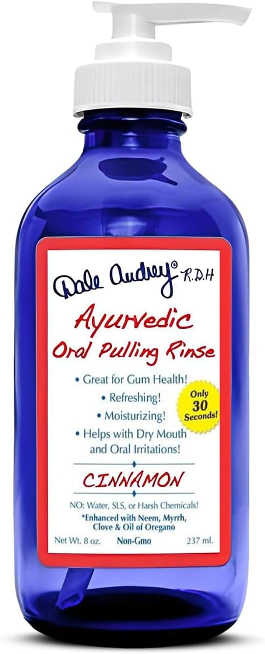Dale Audrey Ayurvedic Oil Pulling for Teeth and Gums | Organic Cinnamon Flavored Oral Rinse Mouthwash | Natural Essential Oils | Cobalt Glass Bottle Pump for Teeth Whitening and Fresh Breath-8 FL Oz