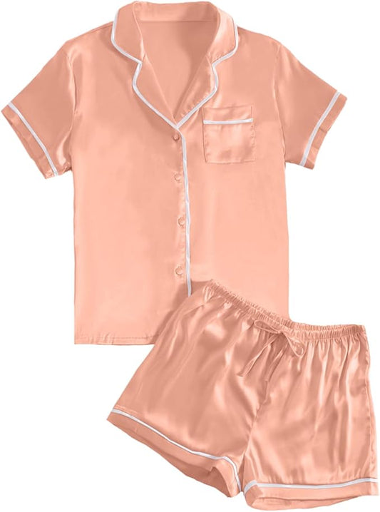LYANER Women's Satin Silky Short Sleeve Button Shirt Sleepwear 2Piece Pajama Set