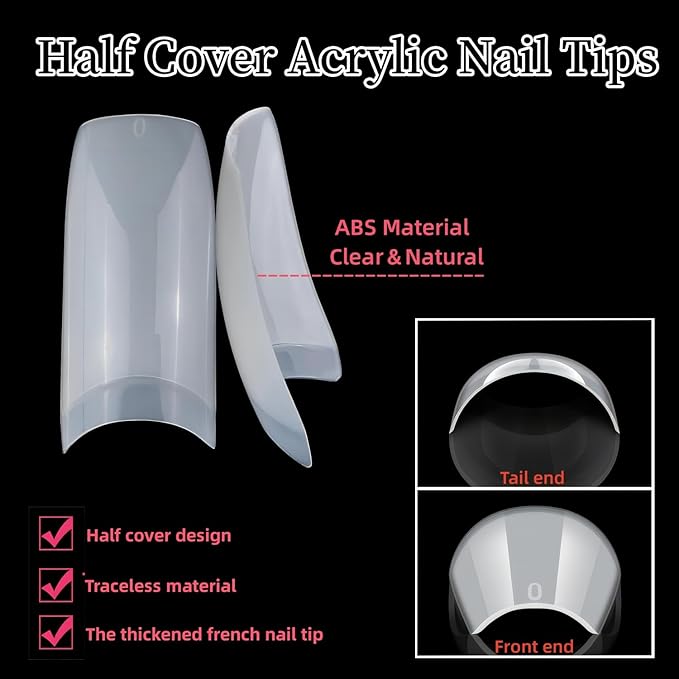 1000pcs Clear and Natural Acrylic Nail Tips,10 Size French Nail Tips For Acrylic Nails Half Cover False Nails Extension Artificial Fingernails