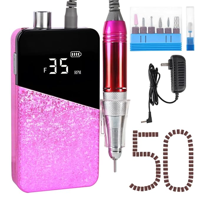 Electric Nail Drill Machine 35000RPM Professional Portable Nail File Cordless Rechargeable Nail Efile for Acrylic Gel Nails Manicure Pedicure Polishing Shape Tools for Salon Home Use (Snowflake Pink)