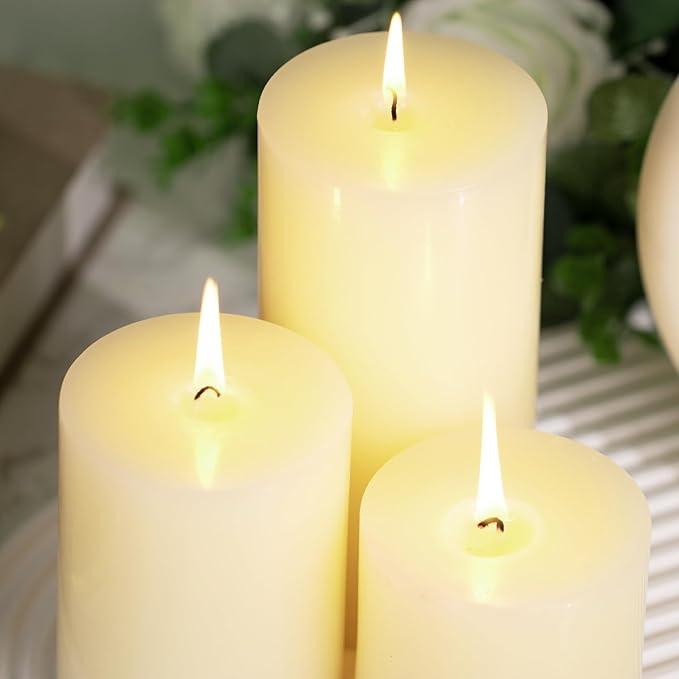 KONNI Ivory Pillar Candles Set of 3, 3"x 3" Unscented Pillar Candles Bulk, 30 Hours Long Burning Candles, Smokeless&Dripless Large Round Candle for Wedding, Home Decoration, Parties, Spas, Dinner