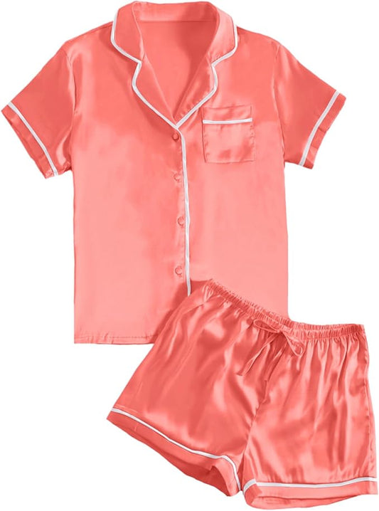 LYANER Women's Satin Silky Short Sleeve Button Shirt Sleepwear 2Piece Pajama Set