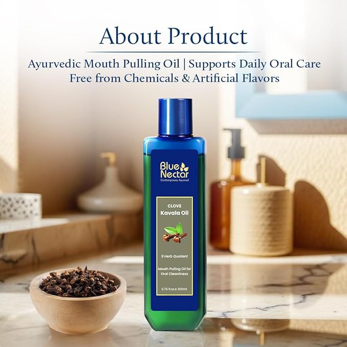 Blue Nectar Clove Oil Pulling for Mouth | Ayurvedic Mouth Wash for Oral Care | Natural Coconut Oil for Oral Care & Fresh Breath | Alcohol Free Mouthwash (9 Herbs, 3.38 Fl Oz)