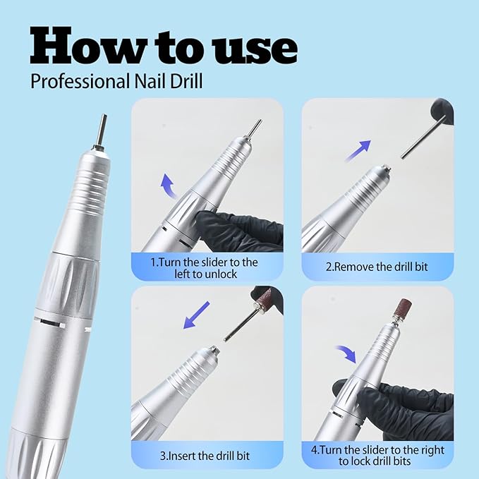Professional Nail Drill File 45000RPM Electric Portable Nails Drills Kit with Rechargeable 7 uñas Bits Cordless Efile for Poly Gel Acrylic Nails Remover Home Salon Pedicure Manicure Tool (Purple)