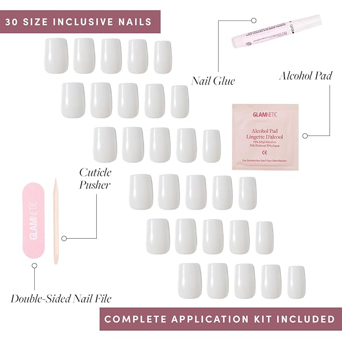 Glamnetic Press On Nails - Bailey | Medium Square Fake Nails, Sheer White Glazed, Salon Quality | 15 Sizes - 30 Nail Kit Wtih Glue