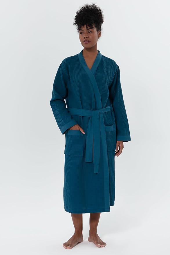 SEYANTE Women’s Luxury Waffle Shawl Collar, Hooded Robe w Piping – Lightweight, Long, Ultra Soft Spa Sleepwear Bathrobe