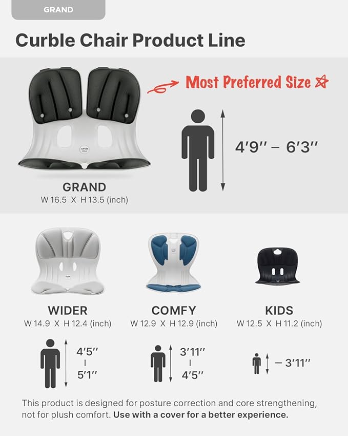 Curble GRAND(Extra Wide & Sturdy) – Ergonomic Chair Back Support, Lumbar Support for Good Posture Correction and Back Pain Relief, Perfect for Office Chair, Floor Seat, Work from Home, Patented(Black)