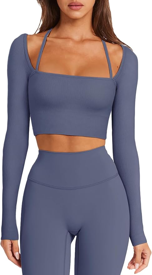 LASLULU Womens Sexy Square Neck Crop Top Ribbed Seamless Long Sleeve Workout Tops Halter Neck Athletic Yoga