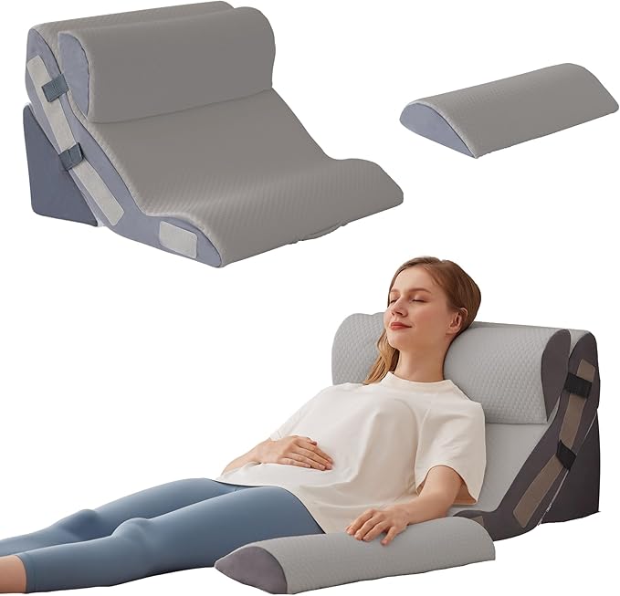 4PCS Orthopedic Bed Wedge Pillow Set for Sleeping, Sitting up in Bed, 6-in-1 Foam Wedge Pillow for Acid Reflux & Back Pain Relief & Leg Elevation, Post Surgery Pillows for GERD & Snoring, Grey