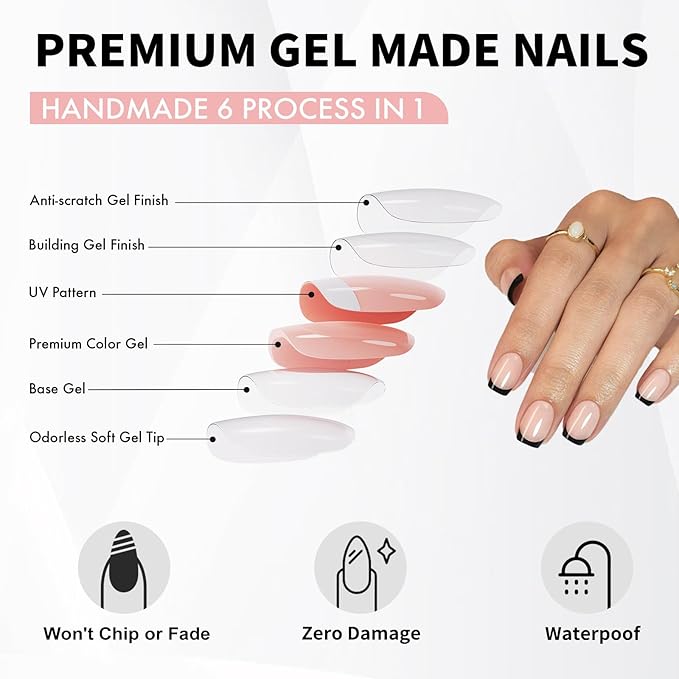 Black French Tip Press on Nails Square - Soft Gel Press on Nails Short, Fit Perfectly & Natural Stick on Nails with Glue in 16 Sizes - 32 Reusable Fake Nails for Women Gift, Black French