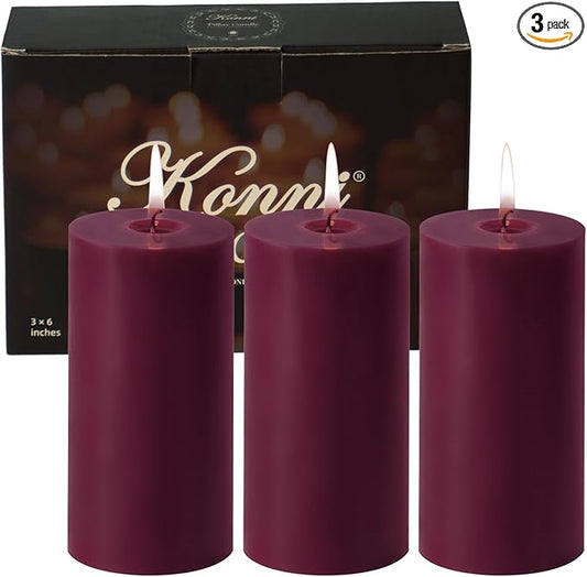 KONNI Purple Pillar Candles Set of 3, 3"x 6" Unscented Pillar Candles Bulk, 56 Hours Long Burning Candles, Smokeless&Dripless Large Round Candle for Wedding, Home Decoration, Parties, Spas, Dinner