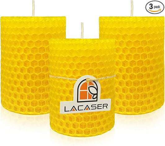 Lacaser Beeswax Pillar Candles Set of 3, 2.36" x 3" Pillar Candles,Unscented & Dripless & Smokeless, 8 Hours Burn Time, Yellow