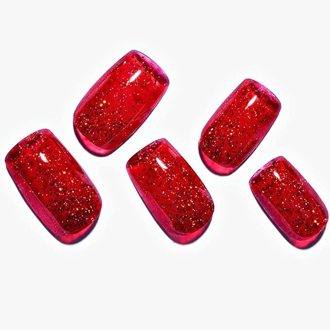 GLAMERMAID Glitter Bright Red Press on Nails Medium Square, Handmade Jelly Soft Gel Nails Square Fake Nails, Glossy Stick Glue on Nails Kit for Women, Reusable Stick on Acrylic Fake Nails Manicure Set