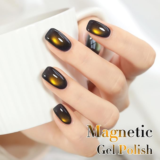 Double Rhythm Jelly Glass Cat Eye Gel Polish with Magnet 15ML Holographic Glitter Shimmer Translucent Sheer Color Magnetic Nail Polish Salon DIY at Home (Golden Black-MC1256)