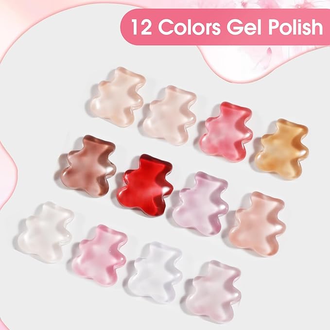 ROSALIND 12PCS Jelly Gel Polish, Clear Translucent Gel Nail Polish Set Sheer Transparent Effect Soak Off UV Set Nude Pink Nail Art Collection Salon DIY at Home Gifts for Women