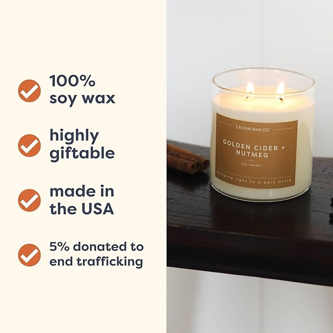 Calyan Wax Co. Golden Cider & Nutmeg 2 Wick Scented Candle - 37 Hour Burn - Luxury Non Toxic Soy Wax Candles - Long Lasting Large Glass Jar Candle for Home - 8.8oz