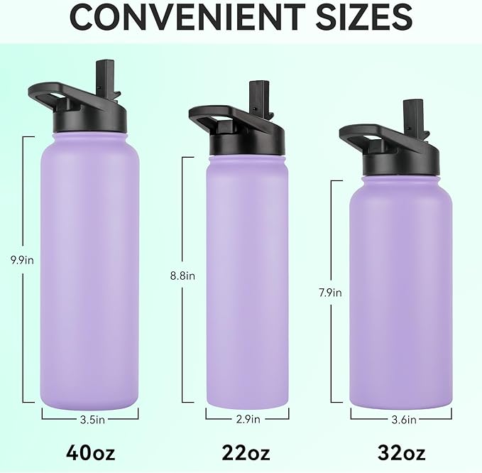 DOMICARE Insulated Water Bottle, 22 oz Vacuum Insulated Stainless Steel Reusable Sports Bottle with Straw Lid & Spout Lid for Travel, Camping, Bike, Leakproof, Purple, 4 Pack