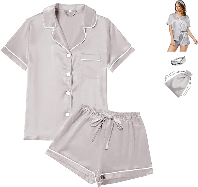 4Pcs Womens Satin Silky Pajama Sets Short Sleeve Shirt XS-4XL Floral Pajamas Set Soft PJ Loungewear Sleepwear