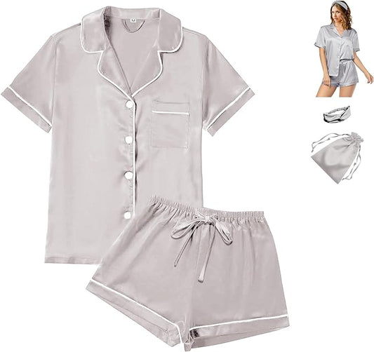 4Pcs Womens Satin Silky Pajama Sets Short Sleeve Shirt XS-4XL Floral Pajamas Set Soft PJ Loungewear Sleepwear