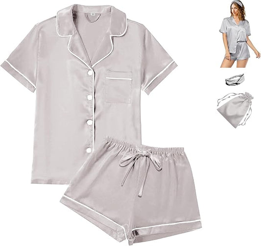 4Pcs Womens Satin Silky Pajama Sets Short Sleeve Shirt XS-4XL Floral Pajamas Set Soft PJ Loungewear Sleepwear