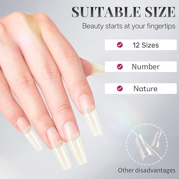 krofaue 504PCS French Nail Tips - Soft Gel Half Cover Fake Nails 12 Sizes Acrylic Square False Tips Natural French Tip Press On Nails Gift for Nail DIY & Salon
