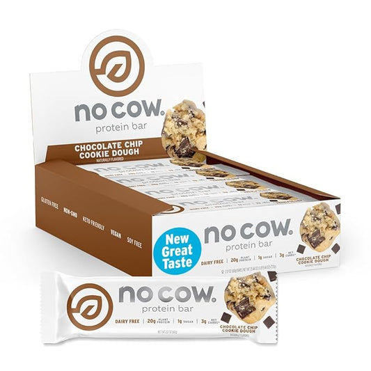 No Cow Vegan Protein Bars, Upgraded Chocolate Chip Cookie Dough | 20g Plant Based Protein, Gluten Free, Dairy Free, Soy Free, Keto Friendly, Low Sugar, High Fiber Snack Bars | Pack of 12