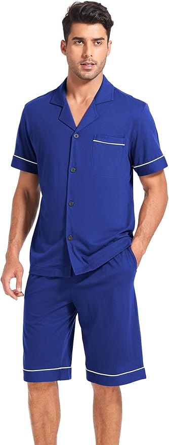 COLORFULLEAF Men's 100% Cotton Short Sleeve Pajama Sets Button Down Notched Collar Sleepwear Soft Lounge Pjs with Pockets