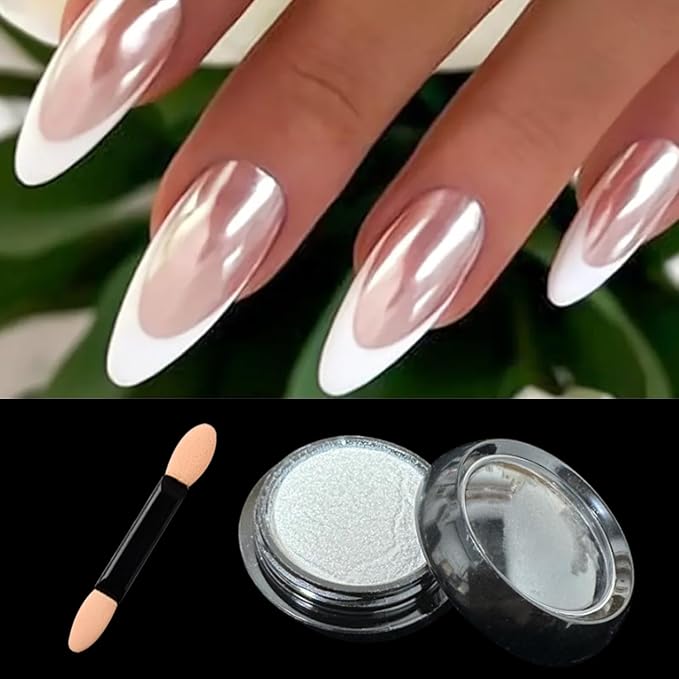 Holographic White Pearl Chrome Nail Powder Mirror Effect Metallic Sequins UV Gel Nail Chrome Powder Pigment for Nail Art Decoration, White Pearl Chrome Powder for Nails