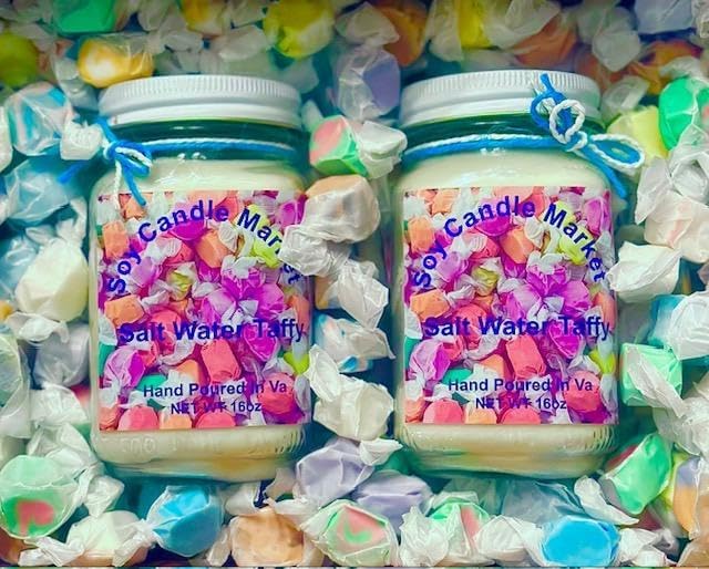 Soy Scented Candles | Handmade & Highly Aromatic Candles Burns Upto 85 Hours in Glass Jar - Perfect for Home Decor, Wedding, Birthday, Dinner (Salt Water Taffy, 16 oz)