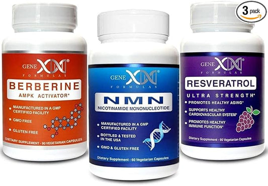 GENEX NMN, Resveratrol, and Berberine Power Pack Supplements | 250mg Nicotinamide Mononucleotide (NMN), Ultra Strength 500mg Resveratrol, & AMPK Activator Berberine 500mg for Healthy Aging (3 Bottles)