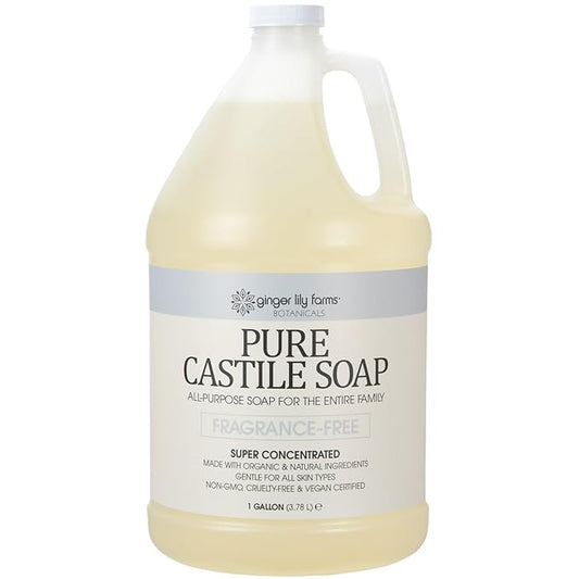 Ginger Lily Farms Botanicals Pure Castile Liquid Soap Refill, Fragrance-Free, 1 Gallon, All-Purpose Cleaner for Body, Face, Hair, Dishes, Laundry & Pets, Non-GMO, 100% Vegan & Cruelty-Free