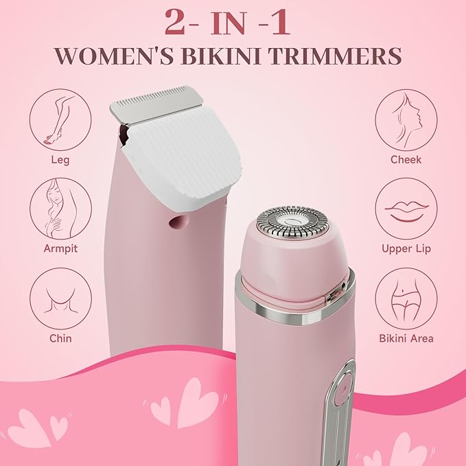 Bikini Trimmer for Women - 2 in 1 Women Electric Shaver,Cordless Body Razor for Trip,Replaceable Lady Facial Razor, IPX6 Waterproof&Easy Cleaning, Ceramic Blade, USB Charge 706 Pink
