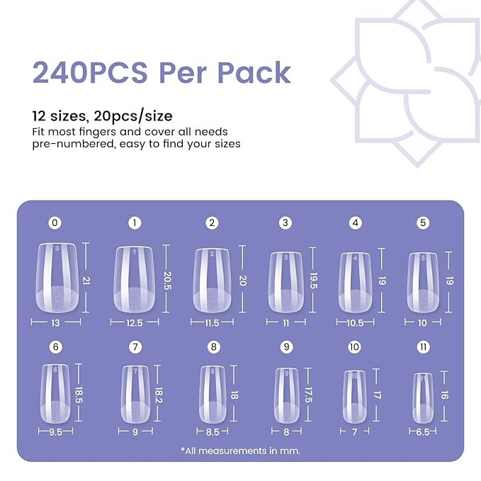 Short Square Nail Tips: 240PCS Acrylic Pre-shaped Soft Gel Square Nail Tips, 12 Sizes Full Cover Fake Press on Nails for Beginner Professional DIY Nail Salon