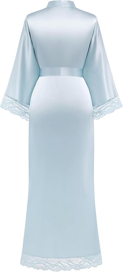 BABEYOND Satin Kimono Robe Silky Long Bridesmaid Wedding Lightweight Bath Robe with Lace Trim