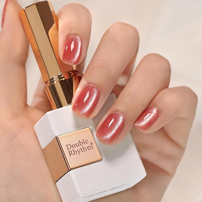 Double Rhythm Cat Eye Gel Polish with Magnet 15ML Holographic Glitter Shimmer Translucent Jelly Color 0.5 OZ Magnetic Gel Polish Salon DIY at Home (Rose Peach-MC1059)