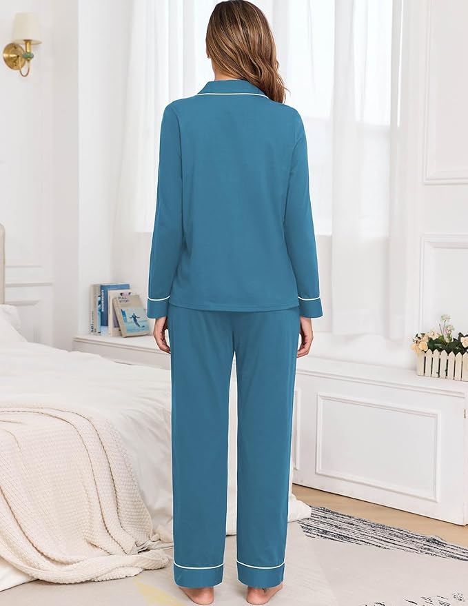Veseacky 100% Cotton Pajamas for Women Set Long Sleeve Button Down Sleepwear Soft Pjs Lounge Sets with Pockets S-XXL