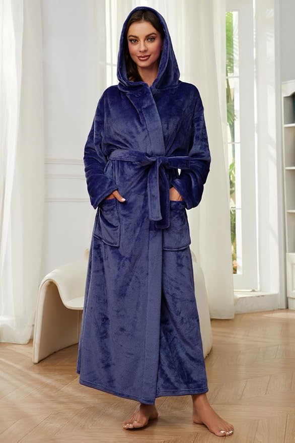 HEARTNICE Womens Long Hooded Robe, Soft Warm Fleece Bathrobes Full Length Plush House Coat