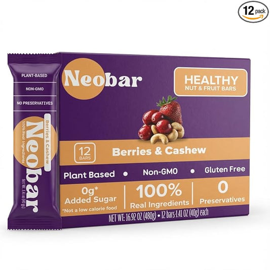 NEOBAR Fruit and Nut Bars - Plant-Based Vegan Snack Bars, Gluten Free Dairy Free Snacks, No Added Sugar, No Preservatives, Non-GMO | Berries & Cashew,12 Count